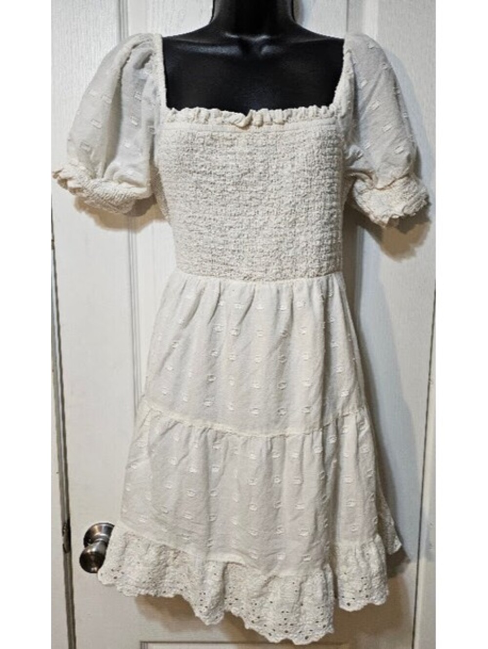 American Eagle Off-Shoulder Babydoll Dress Medium White Cottagecore